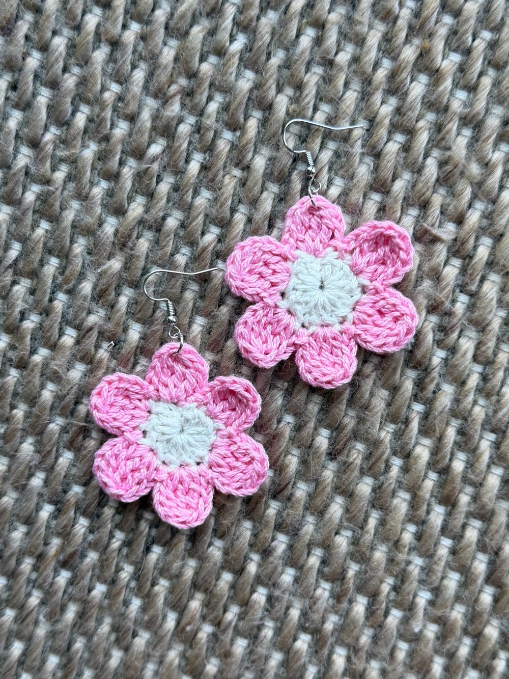 Hand Crafted Pink and Cream Crochet Flower Earrings
